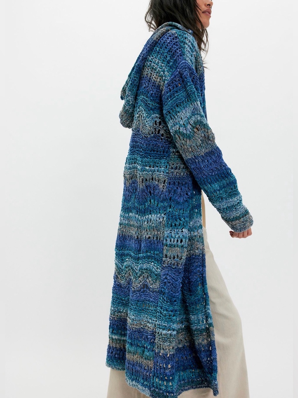 Free People Kelp Knit Maxi Cardi Blue & Teal Open-Knit Hooded Duster
